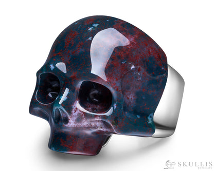 Skullis Signature Bloodstone Gem Skull Ring Hand Carved Sterling Silver For Women & Men Rings