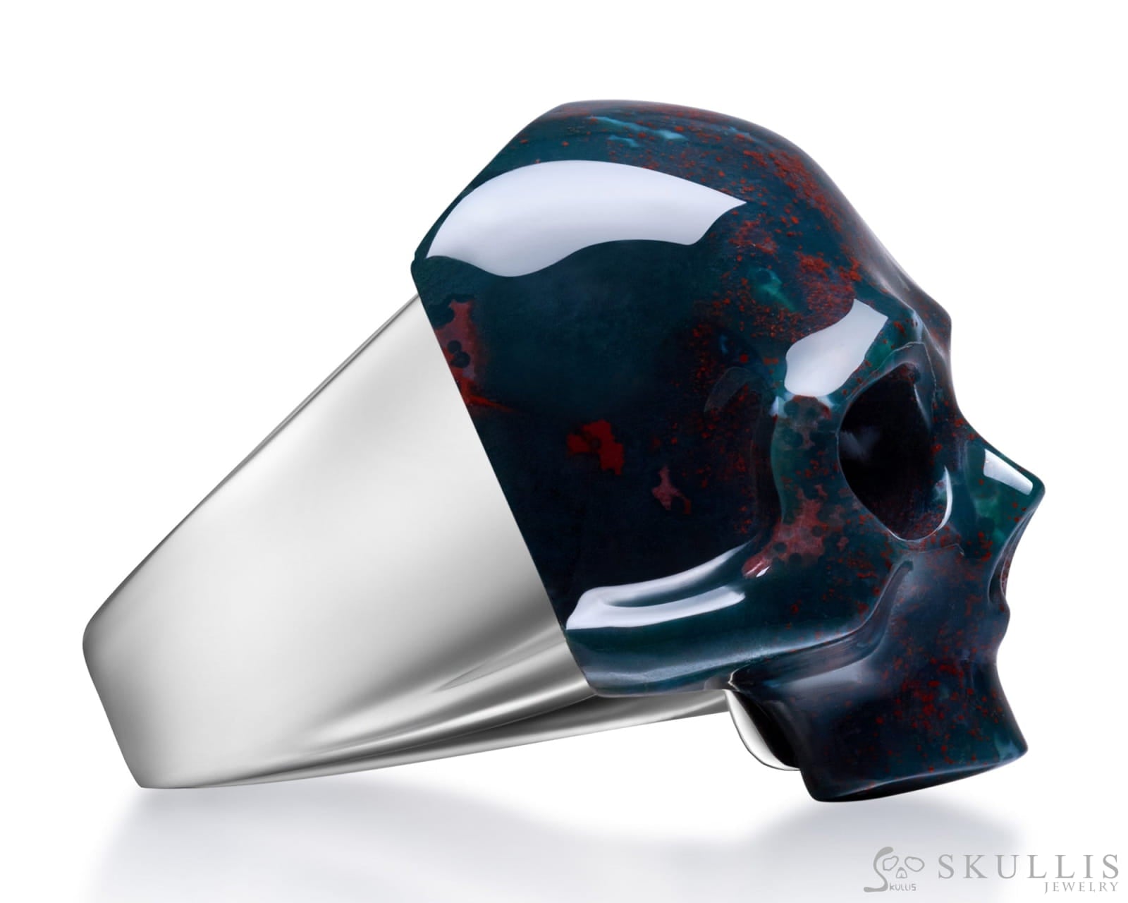 Skullis Signature Bloodstone Gem Skull Ring Hand Carved Sterling Silver For Women & Men Rings