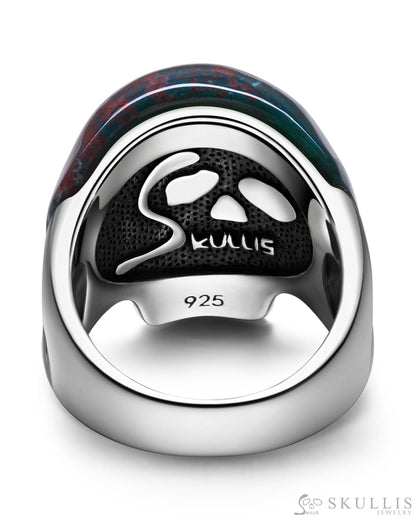 Skullis Signature Bloodstone Gem Skull Ring Hand Carved Sterling Silver For Women & Men Rings