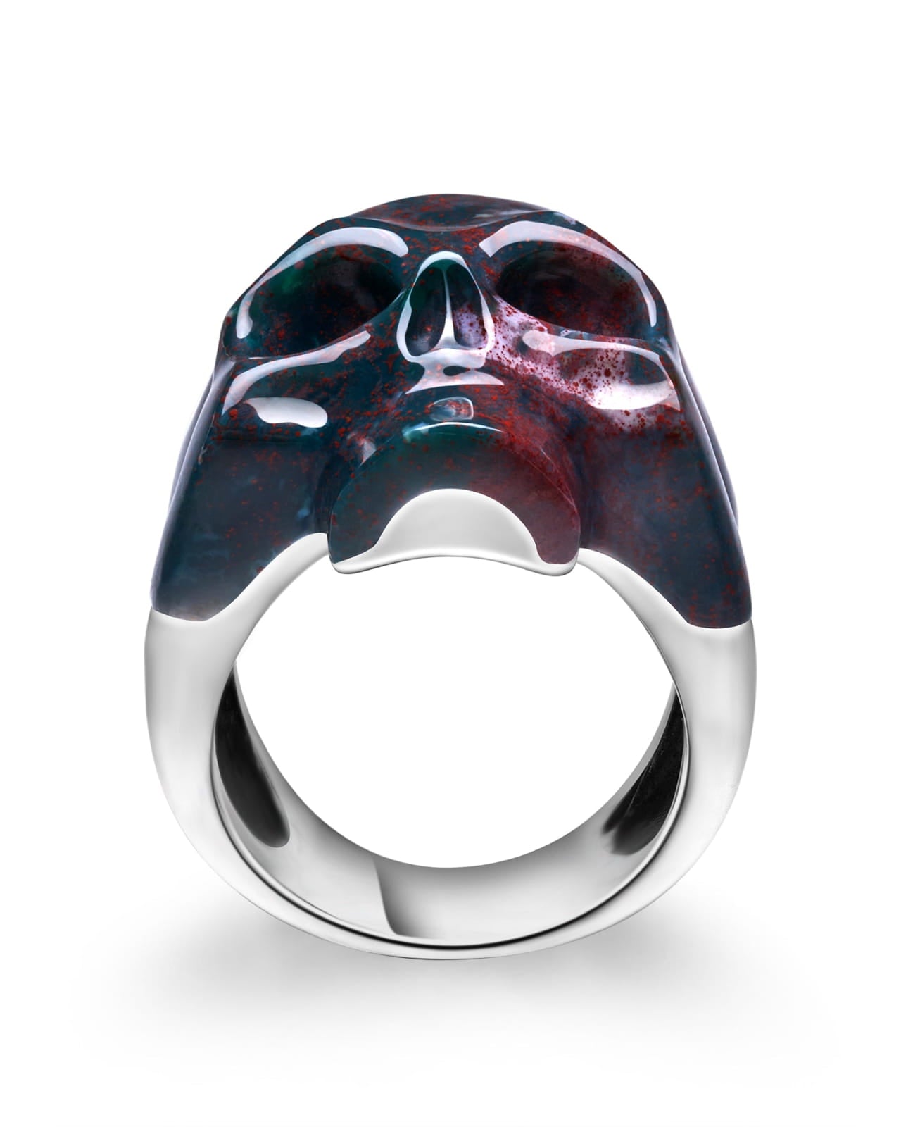 Skullis Signature Bloodstone Gem Skull Ring Hand Carved Sterling Silver For Women & Men Rings