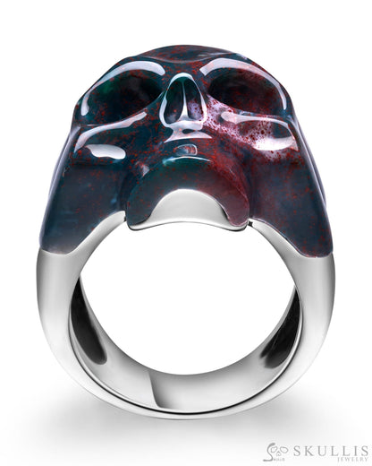 Skullis Signature Bloodstone Gem Skull Ring Hand Carved Sterling Silver For Women & Men Rings