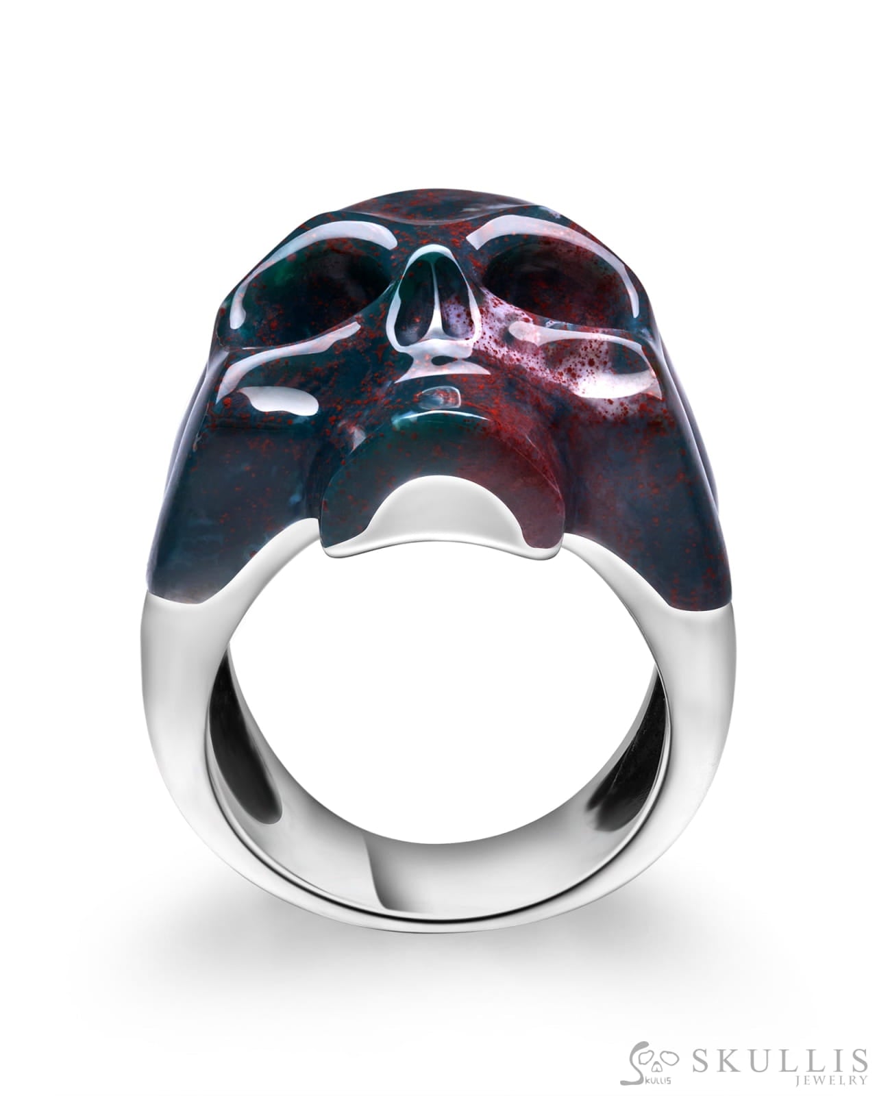 Skullis Signature Bloodstone Gem Skull Ring Hand Carved Sterling Silver For Women & Men Rings