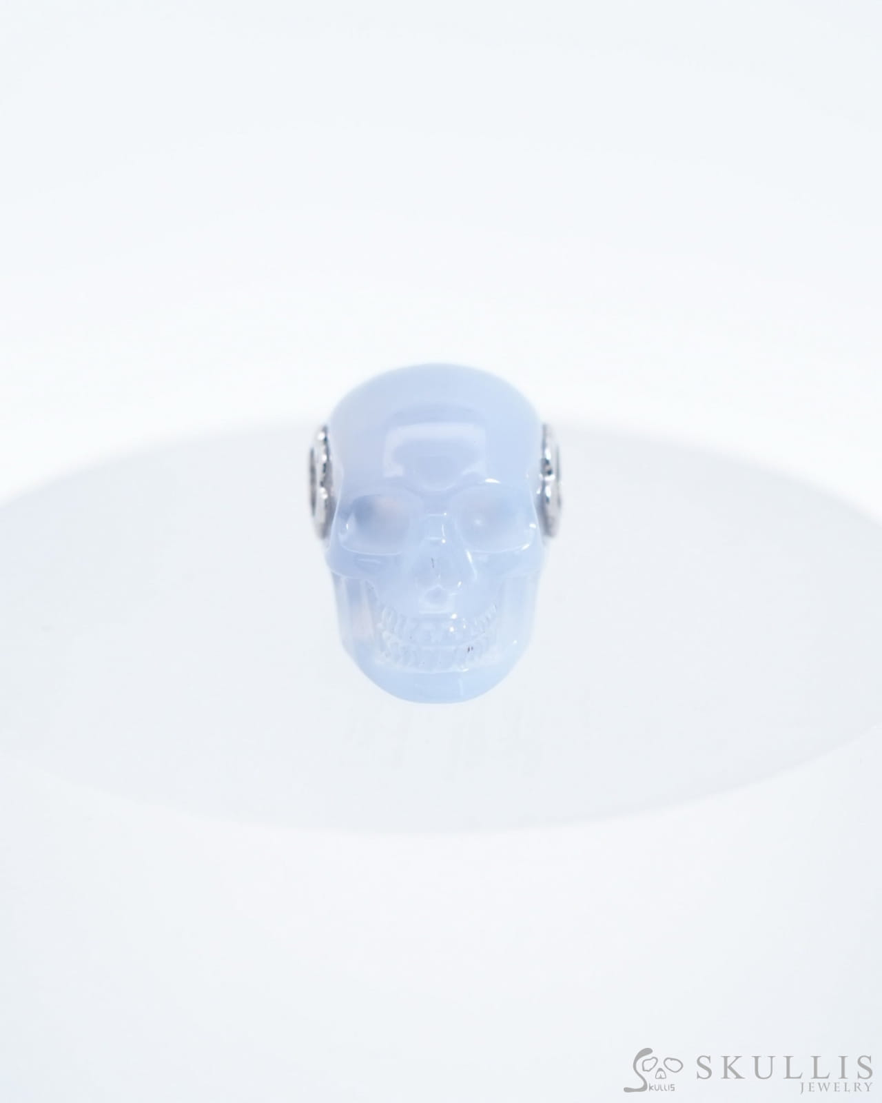 Skullis Signature Blue Chalcedony Gem Skull Pendant or Necklace Hand Carved Sterling Silver 925 Chain for Women & Men
