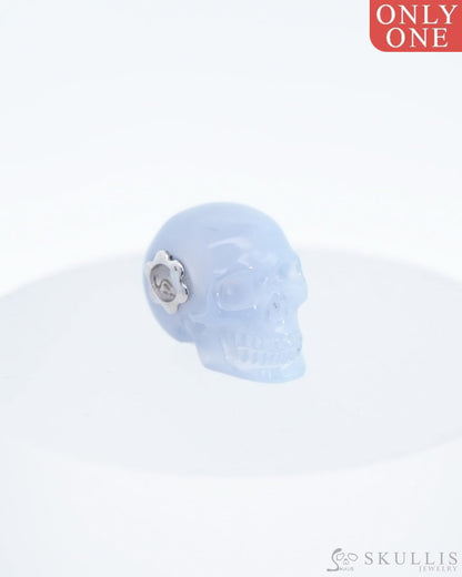 Skullis Signature Blue Chalcedony Gem Skull Pendant or Necklace Hand Carved Sterling Silver 925 Chain for Women & Men