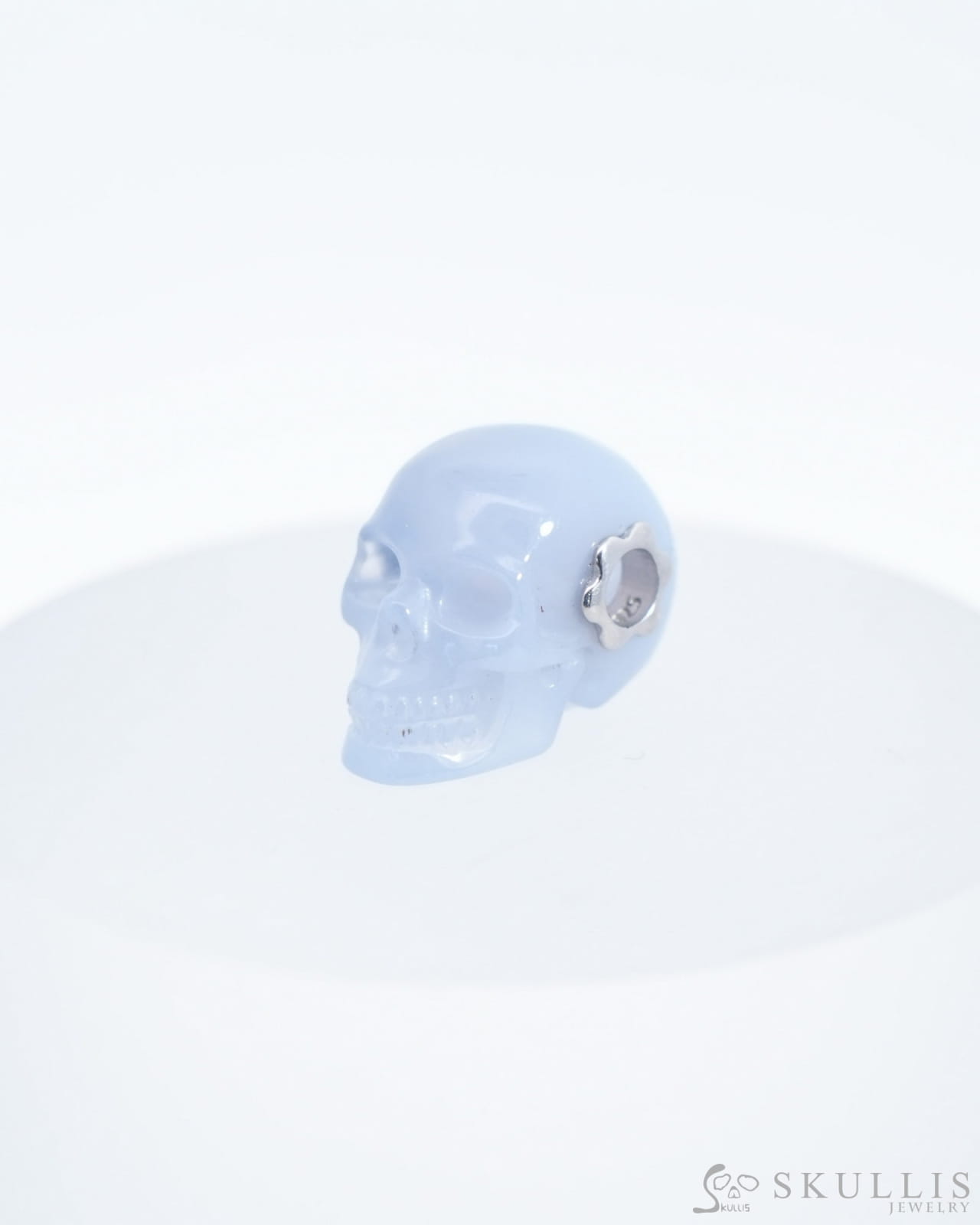 Skullis Signature Blue Chalcedony Gem Skull Pendant or Necklace Hand Carved Sterling Silver 925 Chain for Women & Men