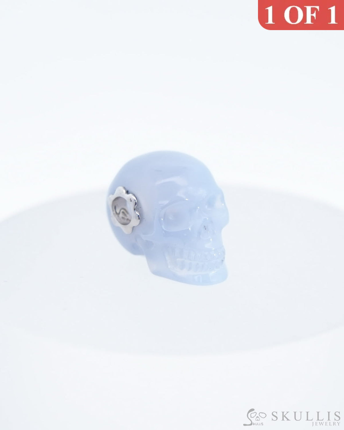 Skullis Signature Blue Chalcedony Gem Skull Pendant or Necklace Hand Carved Sterling Silver 925 Chain for Women & Men