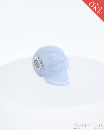 Skullis Signature Blue Chalcedony Gem Skull Pendant or Necklace Hand Carved Sterling Silver 925 Chain for Women & Men