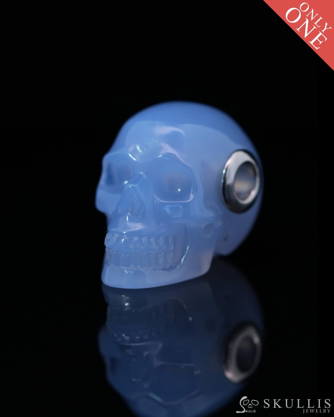 Skullis Signature Blue Chalcedony Gem Skull Pendant or Necklace Hand Carved Sterling Silver 925 Chain for Women & Men