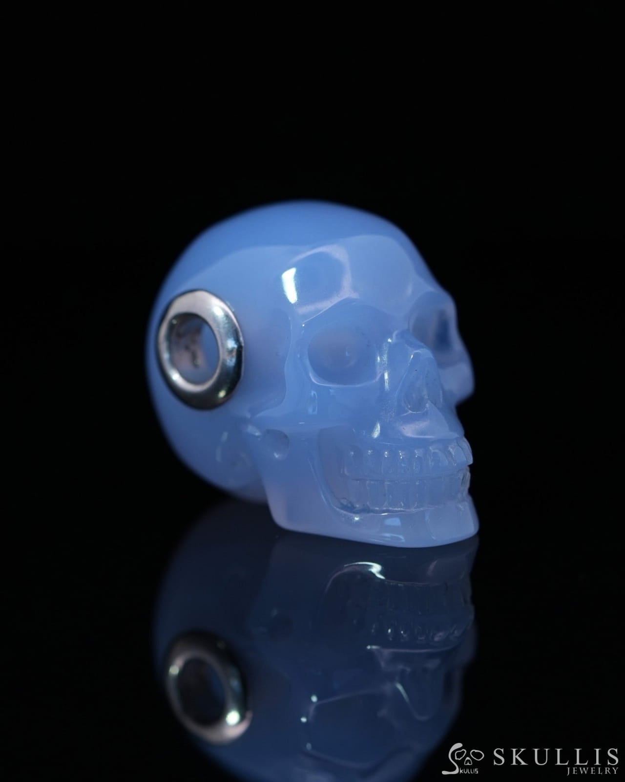 Skullis Signature Blue Chalcedony Gem Skull Pendant or Necklace Hand Carved Sterling Silver 925 Chain for Women & Men