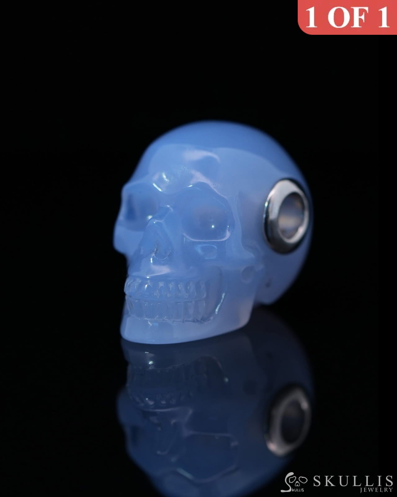 Skullis Signature Blue Chalcedony Gem Skull Pendant or Necklace Hand Carved Sterling Silver 925 Chain for Women & Men