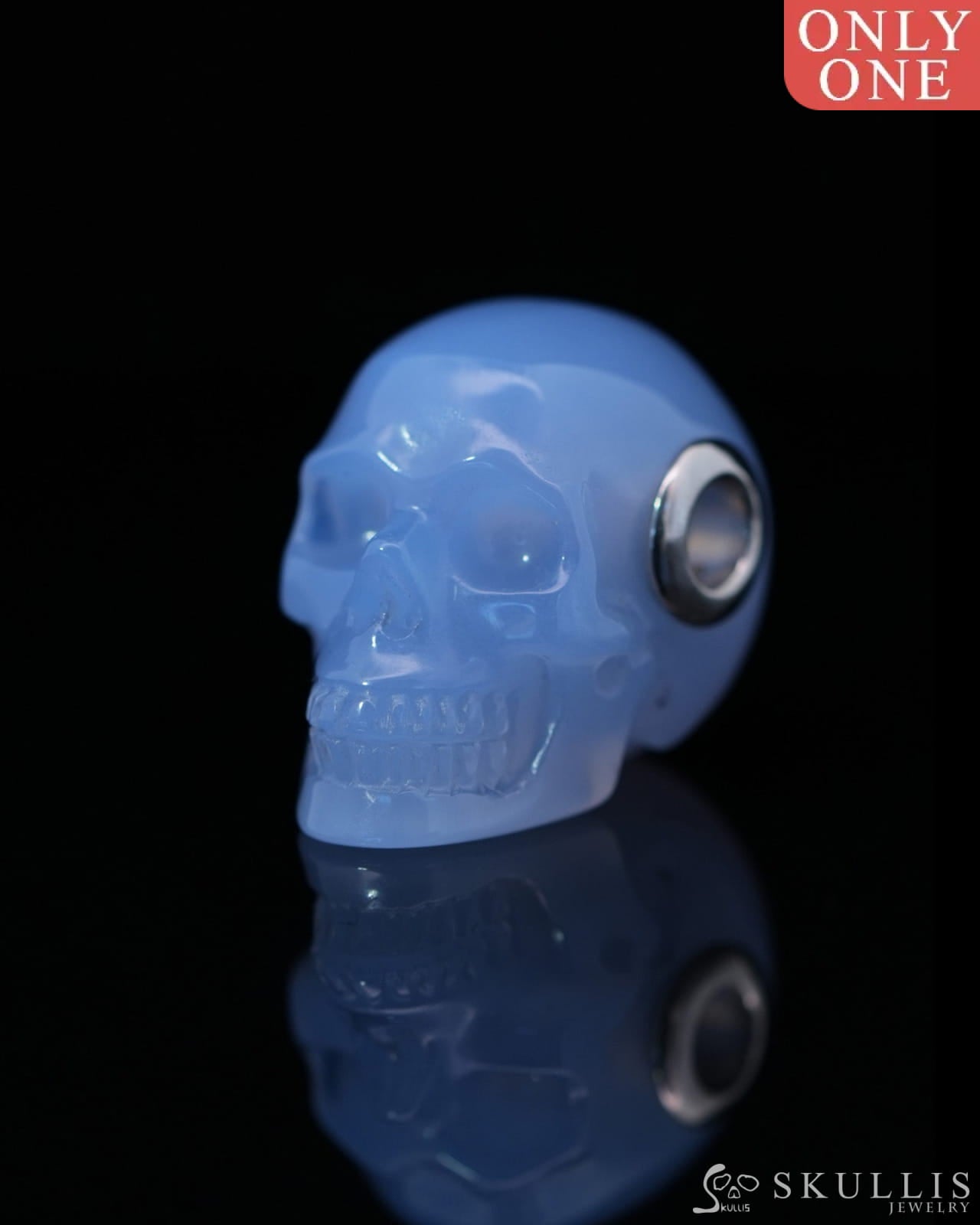 Skullis Signature Blue Chalcedony Gem Skull Pendant or Necklace Hand Carved Sterling Silver 925 Chain for Women & Men