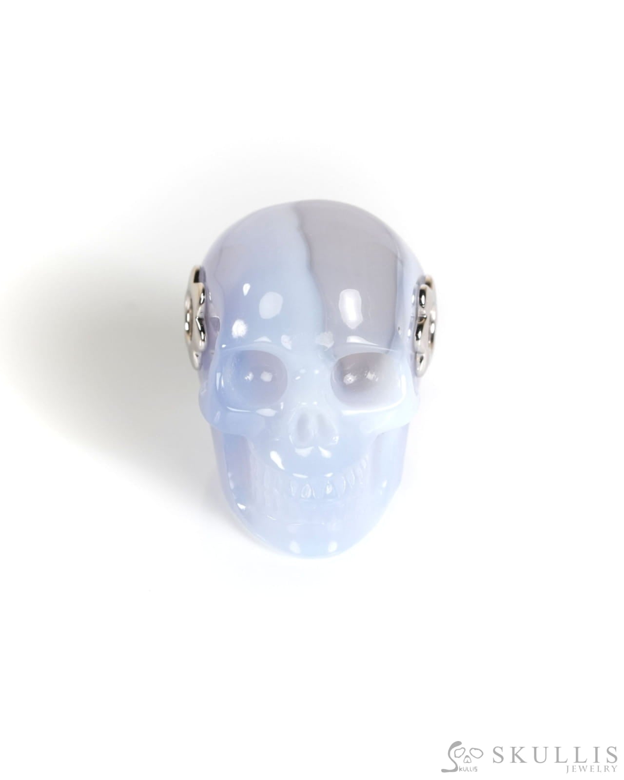 Skullis Signature Blue Chalcedony Gem Skull Pendant or Necklace Hand Carved Sterling Silver 925 Chain for Women & Men