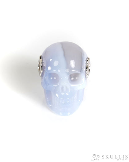 Skullis Signature Blue Chalcedony Gem Skull Pendant or Necklace Hand Carved Sterling Silver 925 Chain for Women & Men