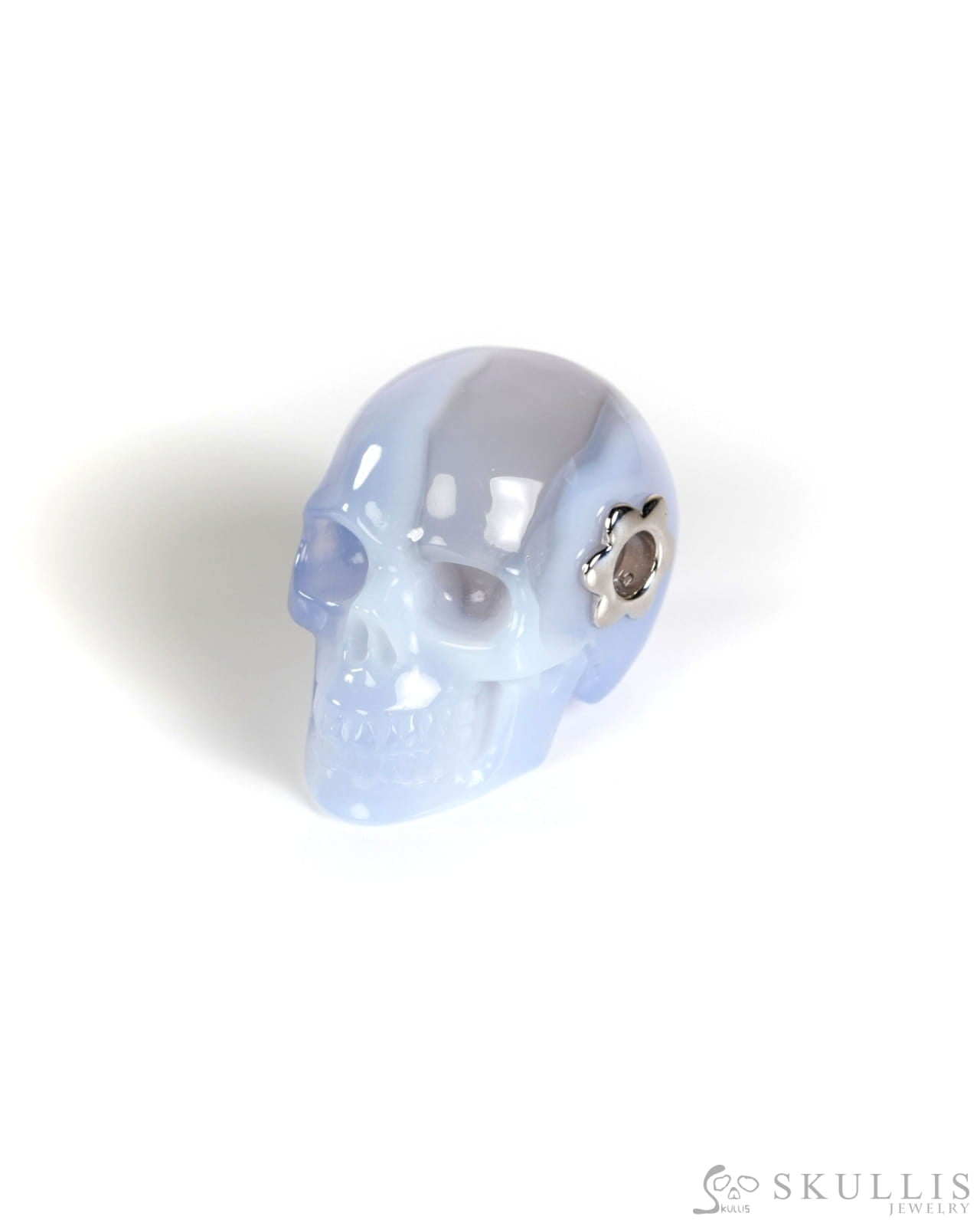 Skullis Signature Blue Chalcedony Gem Skull Pendant or Necklace Hand Carved Sterling Silver 925 Chain for Women & Men