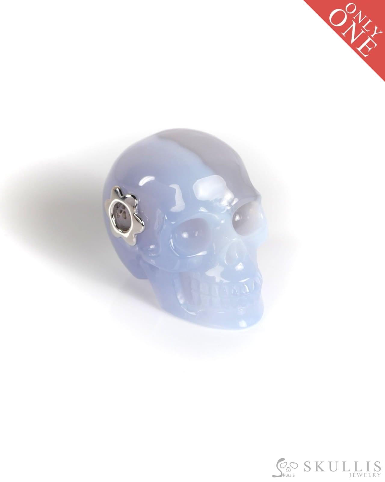 Skullis Signature Blue Chalcedony Gem Skull Pendant or Necklace Hand Carved Sterling Silver 925 Chain for Women & Men