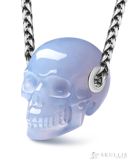 Skullis Signature Blue Chalcedony Gem Skull Pendant or Necklace Hand Carved Sterling Silver 925 Chain for Women & Men