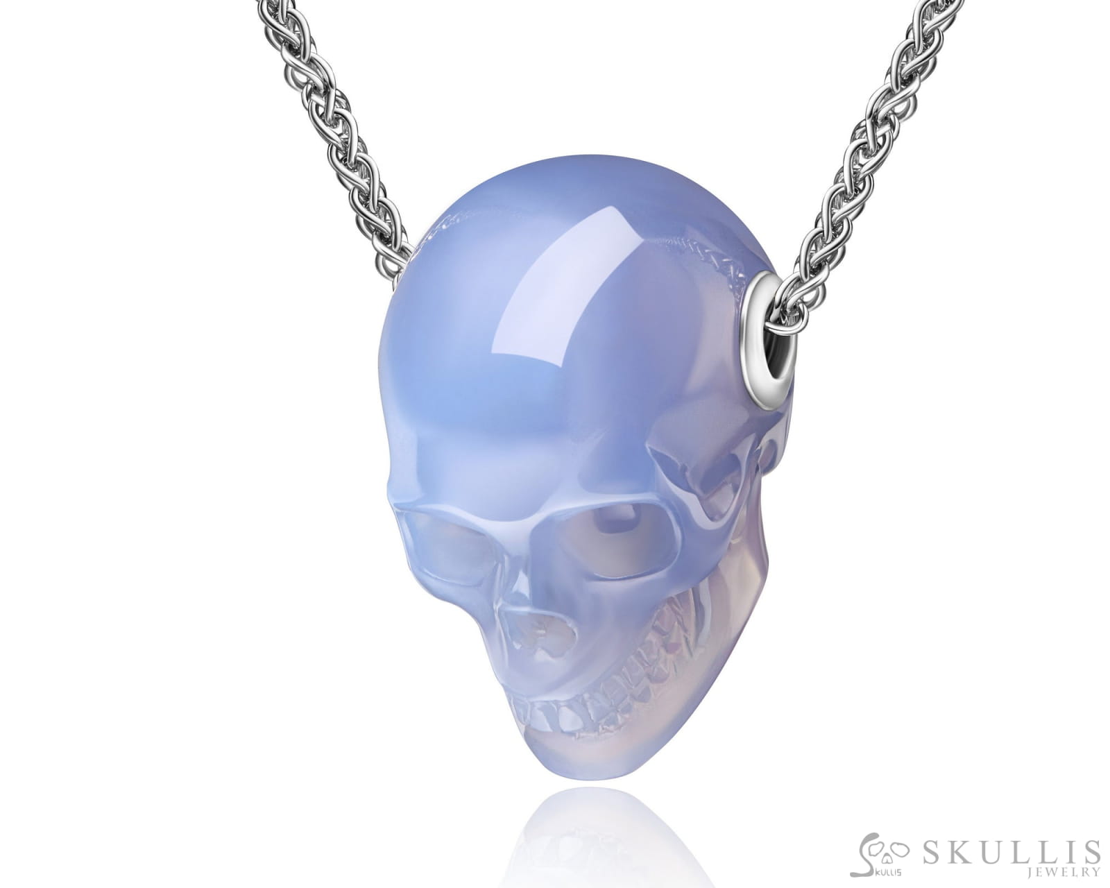 Skullis Signature Blue Chalcedony Gem Skull Pendant or Necklace Hand Carved Sterling Silver 925 Chain for Women & Men