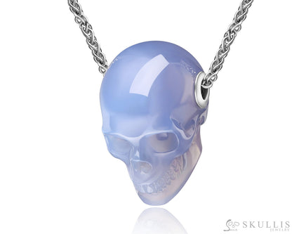Skullis Signature Blue Chalcedony Gem Skull Pendant or Necklace Hand Carved Sterling Silver 925 Chain for Women & Men