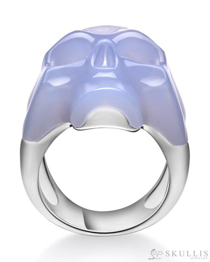 Skullis Signature Blue Chalcedony Gem Skull Ring Hand Carved Sterling Silver For Women & Men Rings