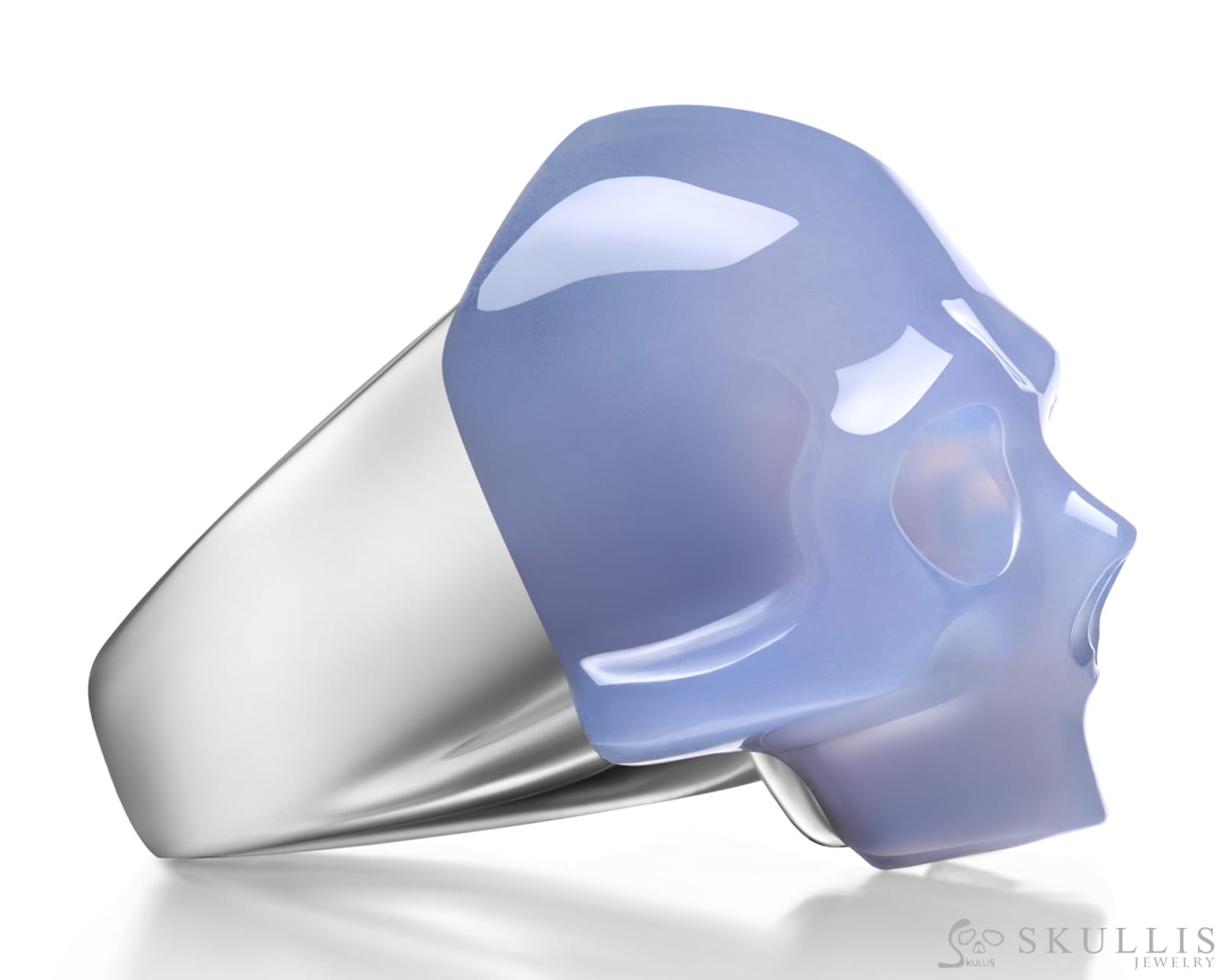 Skullis Signature Blue Chalcedony Gem Skull Ring Hand Carved Sterling Silver For Women & Men Rings