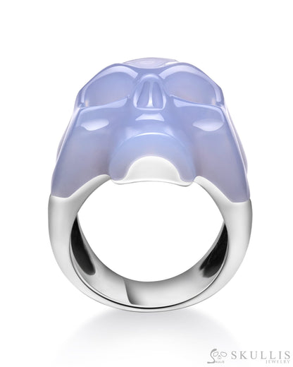 Skullis Signature Blue Chalcedony Gem Skull Ring Hand Carved Sterling Silver For Women & Men Rings