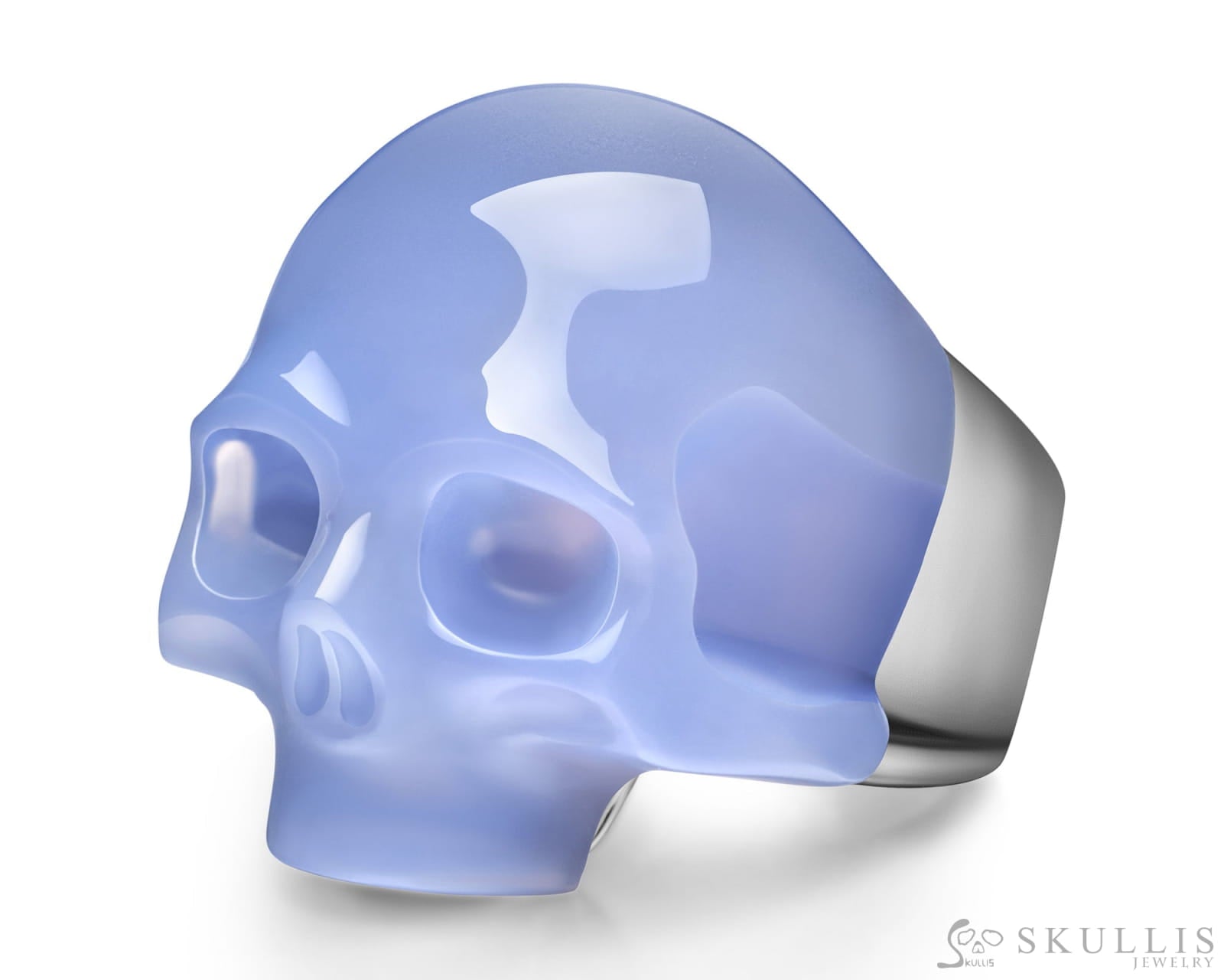 Skullis Signature Blue Chalcedony Gem Skull Ring Hand Carved Sterling Silver For Women & Men Rings