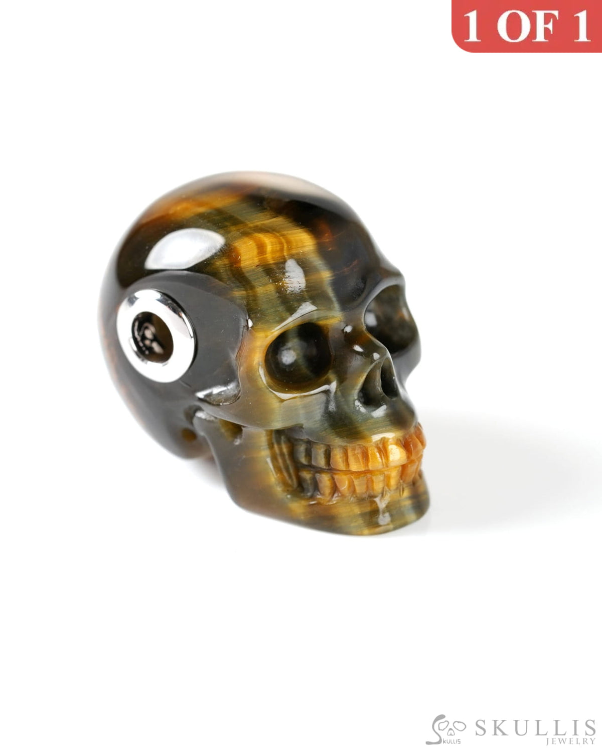 Skullis Signature Blue & Gold Tiger’s Eye Gem Skull Pendant or Necklace Hand Carved Sterling Silver 925 Chain for Women