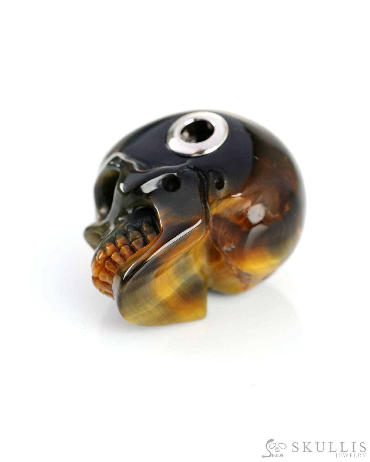 Skullis Signature Blue & Gold Tiger’s Eye Gem Skull Pendant or Necklace Hand Carved Sterling Silver 925 Chain for Women