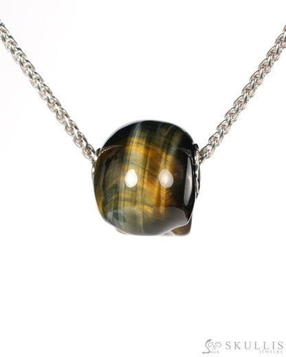 Skullis Signature Blue & Gold Tiger’s Eye Gem Skull Pendant or Necklace Hand Carved for Women & Men - 9900556 - Skull