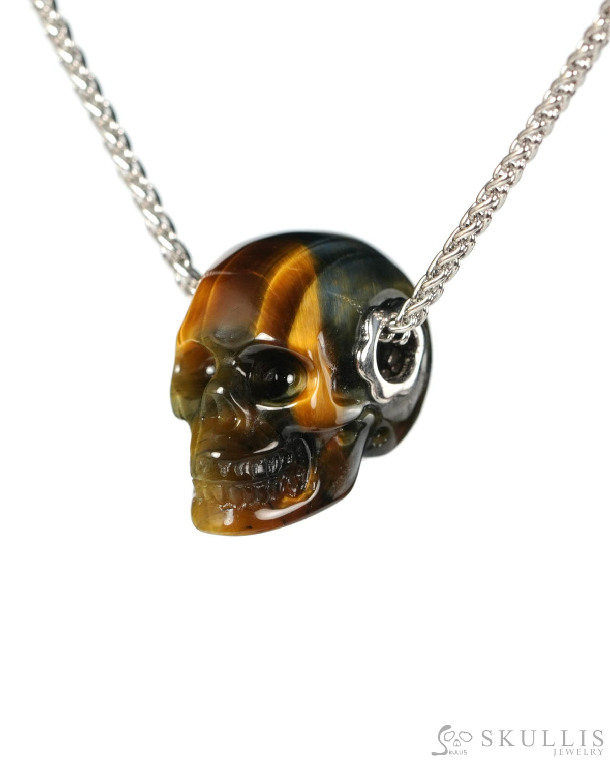 Skullis Signature Blue & Gold Tiger’s Eye Gem Skull Pendant or Necklace Hand Carved for Women & Men - 9900556 - Skull