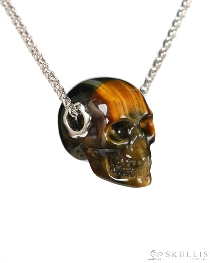 Skullis Signature Blue & Gold Tiger’s Eye Gem Skull Pendant or Necklace Hand Carved for Women & Men - 9900556 - Skull