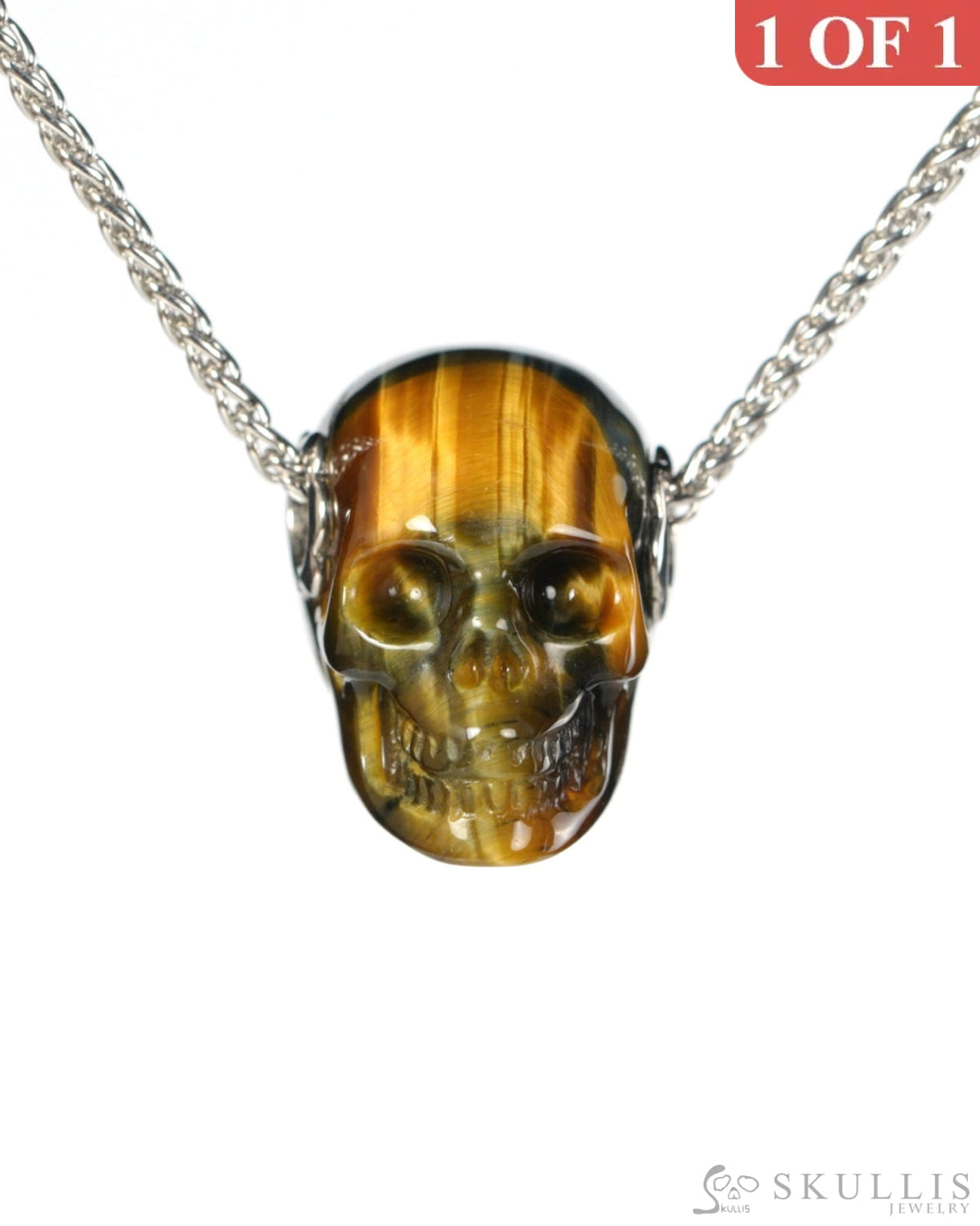 Skullis Signature Blue & Gold Tiger’s Eye Gem Skull Pendant or Necklace Hand Carved for Women & Men - 9900556 - Skull