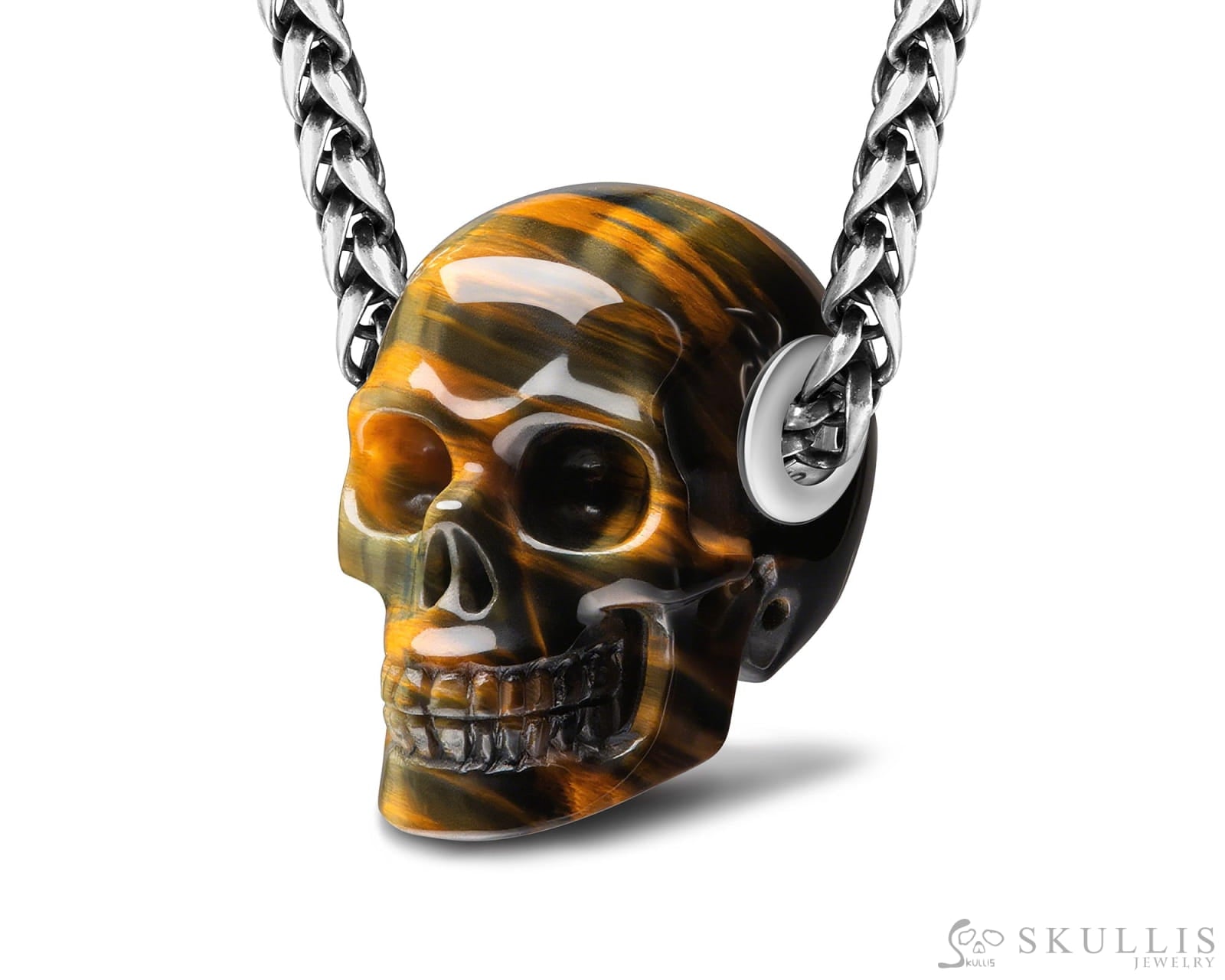 Skullis Signature Blue & Gold Tiger’s Eye Gem Skull Pendant or Necklace Hand Carved Sterling Silver 925 Chain for Women