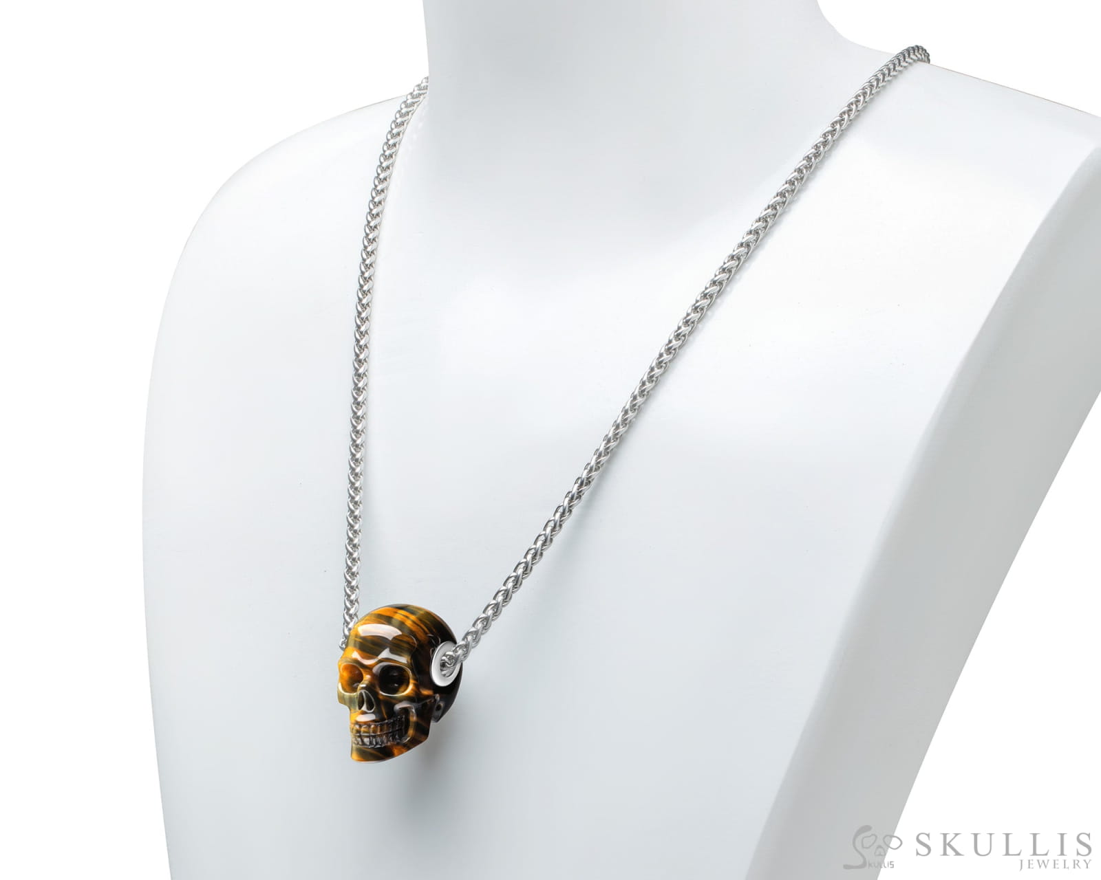 Skullis Signature Blue & Gold Tiger’s Eye Gem Skull Pendant or Necklace Hand Carved Sterling Silver 925 Chain for Women