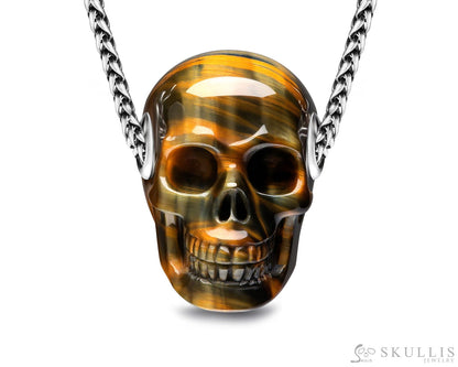 Skullis Signature Blue & Gold Tiger’s Eye Gem Skull Pendant or Necklace Hand Carved Sterling Silver 925 Chain for Women