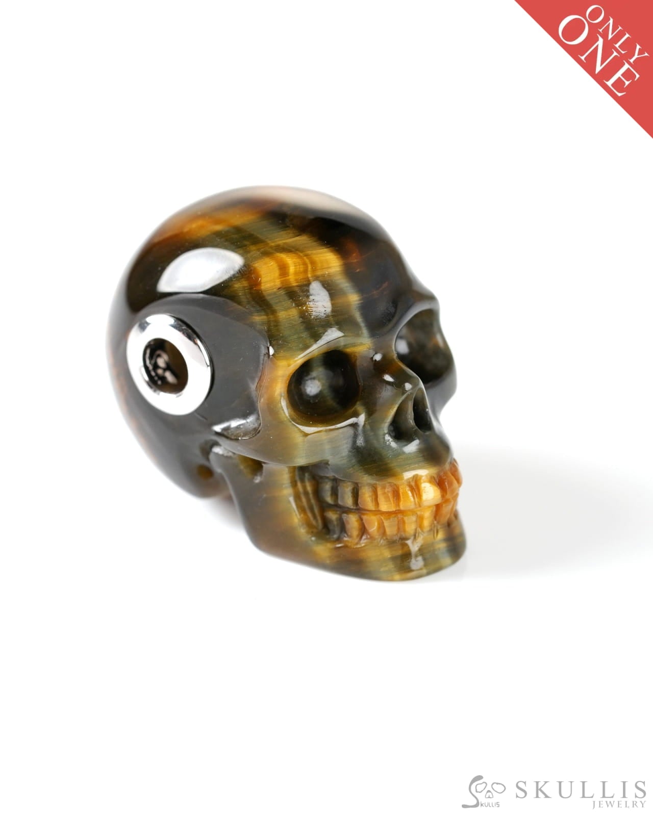 Skullis Signature Blue & Gold Tiger’s Eye Gem Skull Pendant or Necklace Hand Carved Sterling Silver 925 Chain for Women