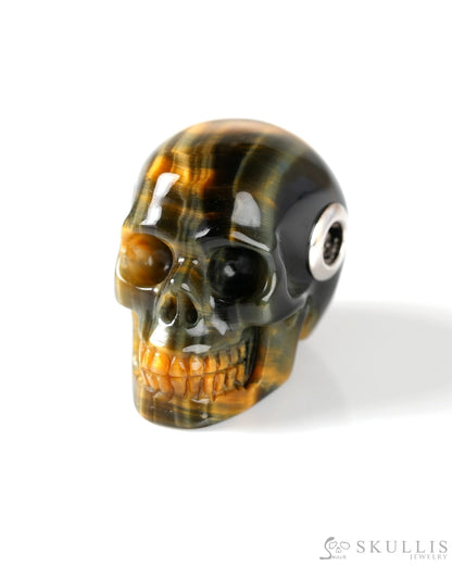 Skullis Signature Blue & Gold Tiger’s Eye Gem Skull Pendant or Necklace Hand Carved Sterling Silver 925 Chain for Women