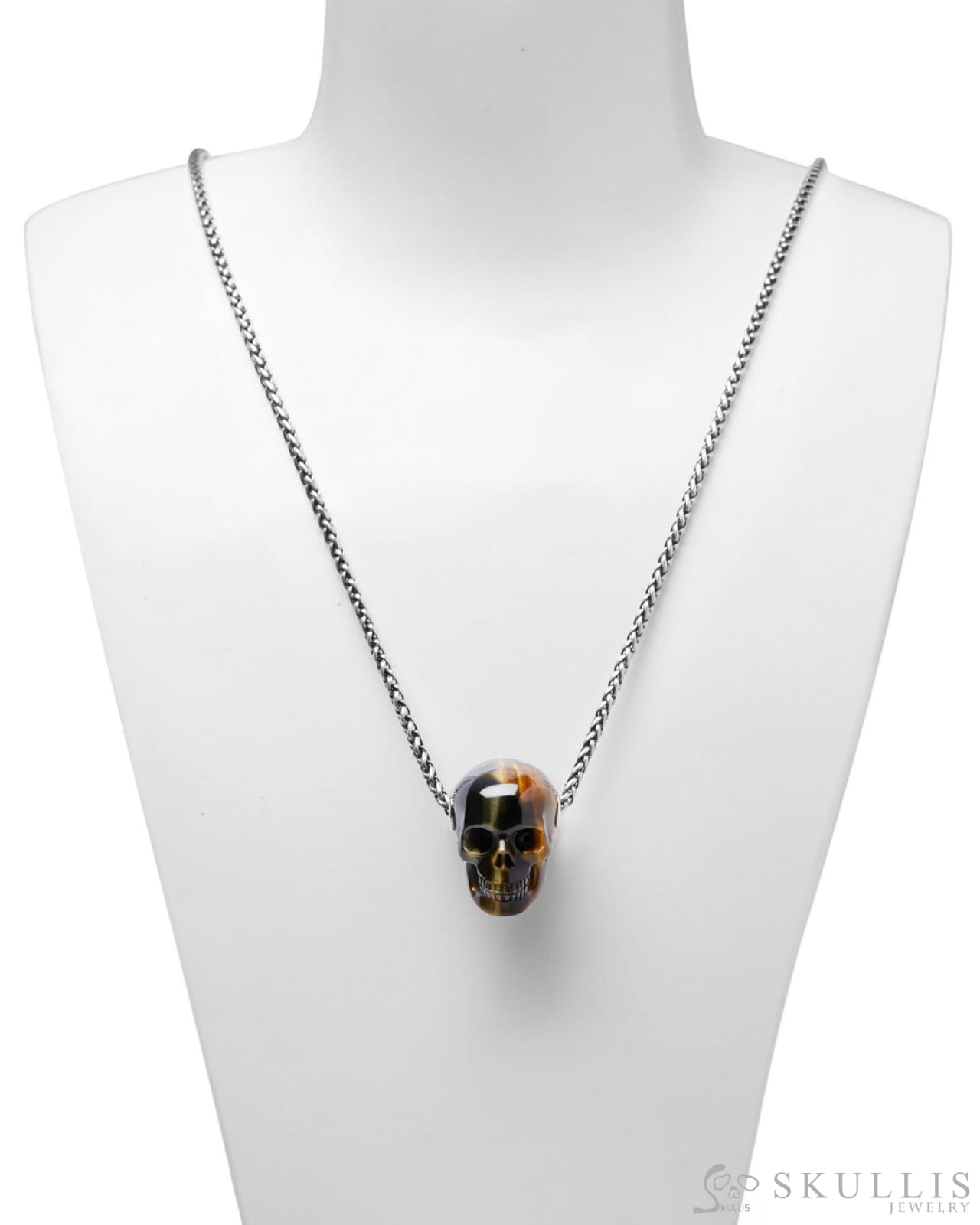 Gem Skull Pendant Necklace Of Blue & Gold Tiger’s Eye Carved Skull Skull Pendants