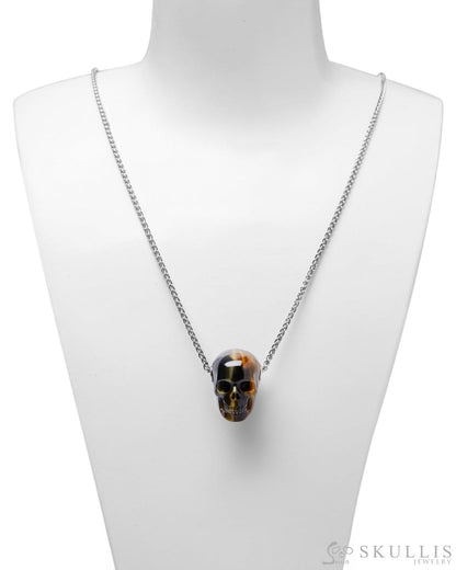 Gem Skull Pendant Necklace Of Blue & Gold Tiger’s Eye Carved Skull Skull Pendants