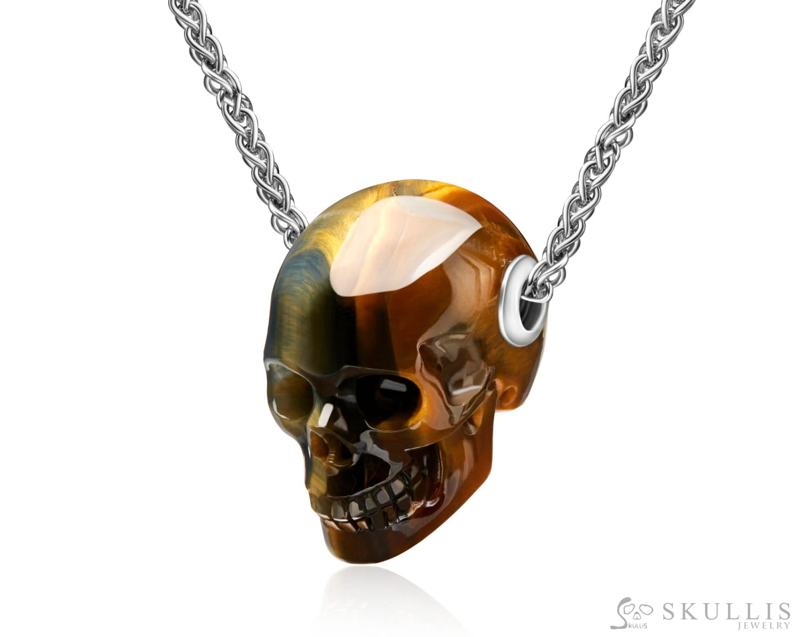 Gem Skull Pendant Necklace Of Blue & Gold Tiger’s Eye Carved Skull Pendant Without Chain