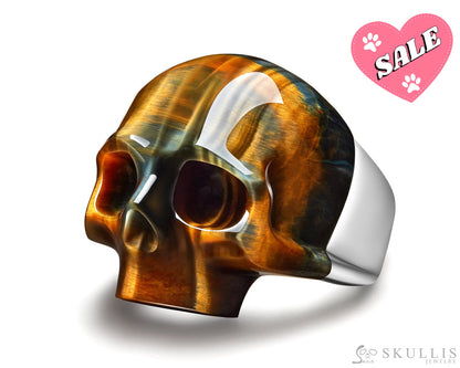 Skullis Signature Blue & Gold Tiger’s Eye Gem Skull Ring Hand Carved Sterling Silver For Women