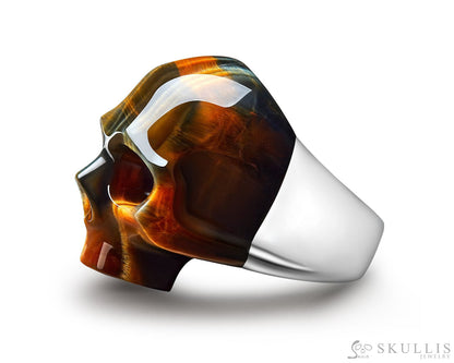 Skullis Signature Blue & Gold Tiger’s Eye Gem Skull Ring Hand Carved Sterling Silver For Women