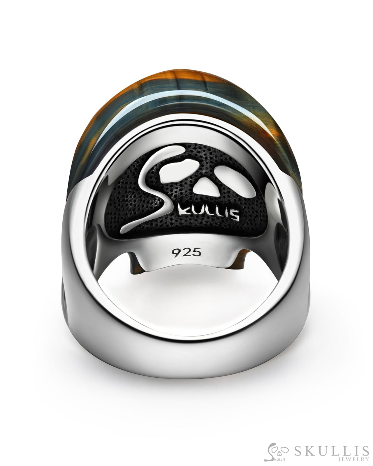 Skullis Signature Blue & Gold Tiger’s Eye Gem Skull Ring Hand Carved Sterling Silver For Women