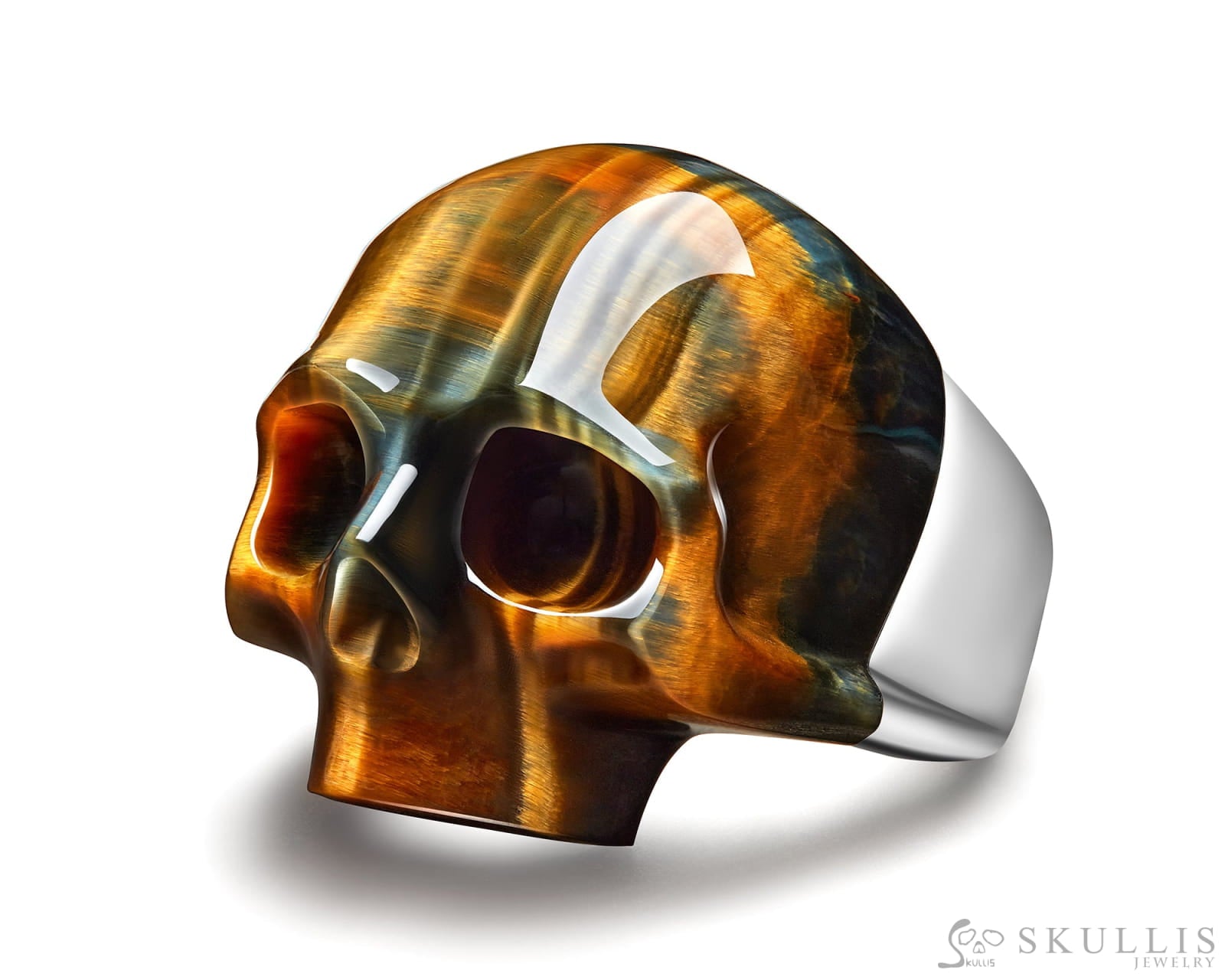 Skullis Signature Blue & Gold Tiger’s Eye Gem Skull Ring Hand Carved Sterling Silver For Women