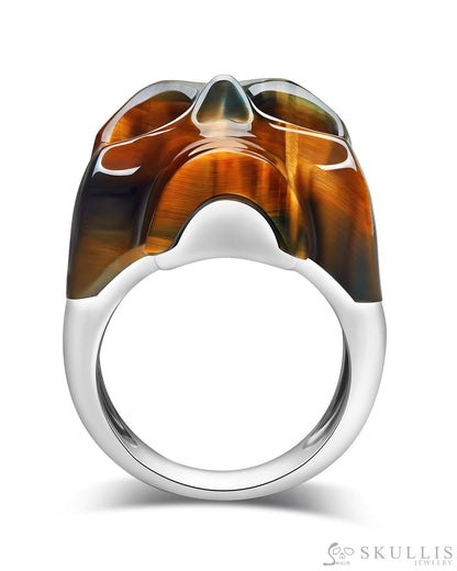 Skullis Signature Blue & Gold Tiger’s Eye Gem Skull Ring Hand Carved Sterling Silver For Women