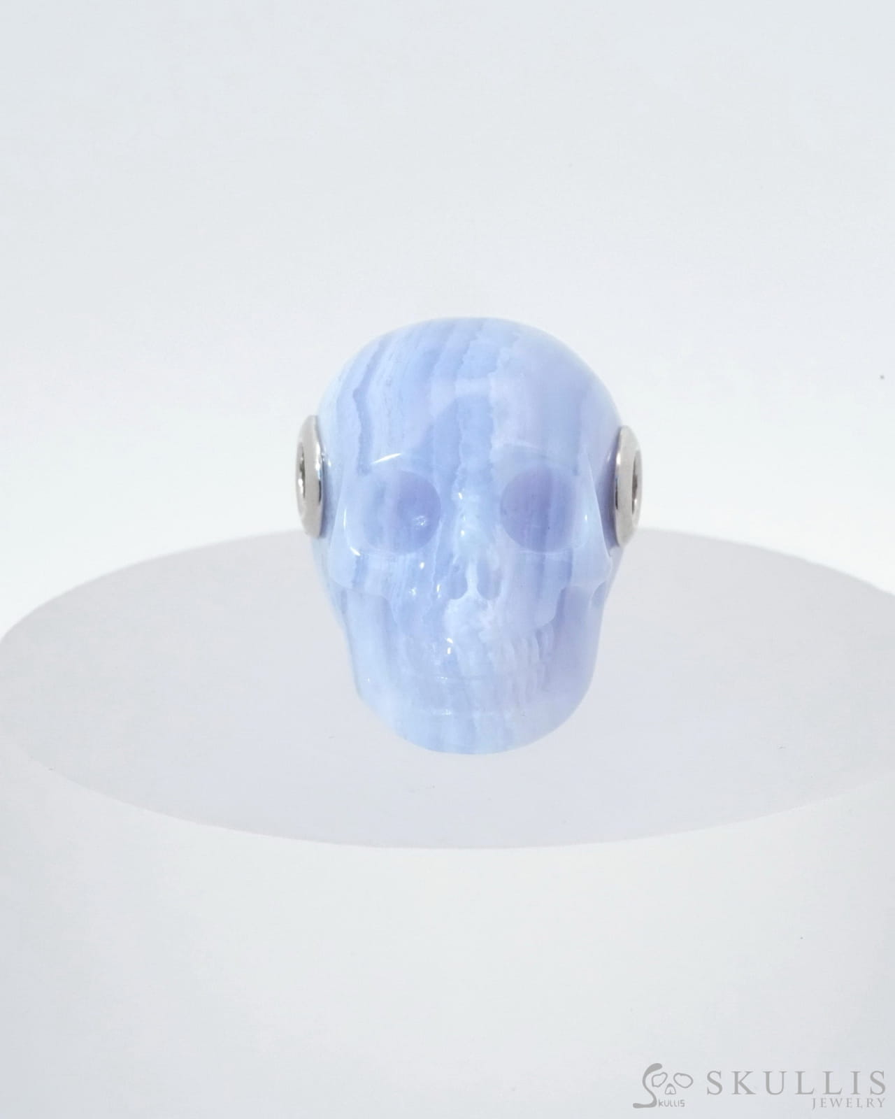 Skullis Signature Blue Lace Agate Gem Skull Pendant Or Necklace Hand Carved Sterling Silver 925