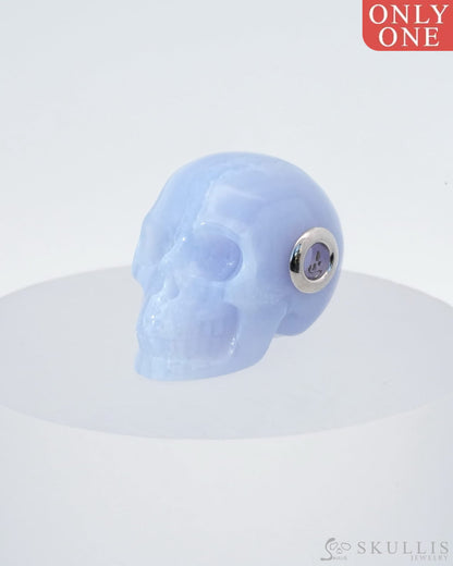 Skullis Signature Blue Lace Agate Gem Skull Pendant Or Necklace Hand Carved Sterling Silver 925