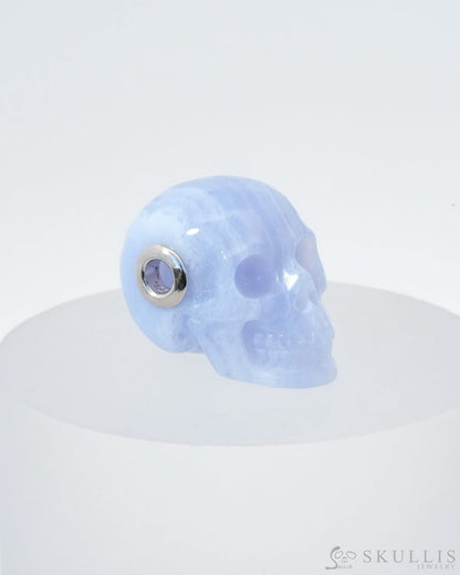Skullis Signature Blue Lace Agate Gem Skull Pendant Or Necklace Hand Carved Sterling Silver 925