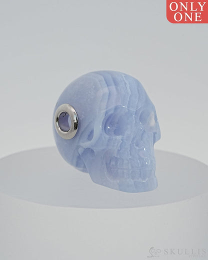 Skullis Signature Blue Lace Agate Gem Skull Pendant Or Necklace Hand Carved Sterling Silver 925