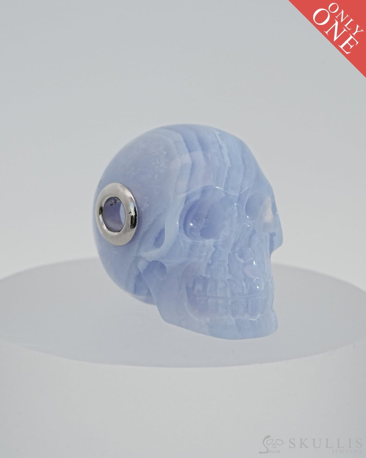 Skullis Signature Blue Lace Agate Gem Skull Pendant Or Necklace Hand Carved Sterling Silver 925